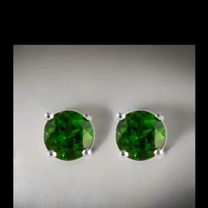Premium Chrome Diopside Round Stud Earrings Platinum Plated Sterling Silver